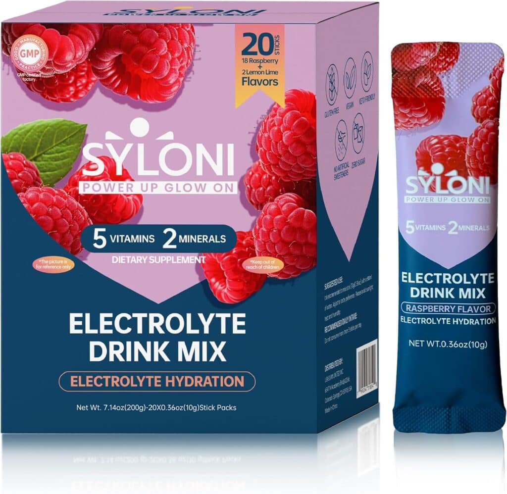 A box and a single packet of SYLONI Electrolyte Drink Mix, Raspberry Flavor. The packaging is blue and purple with images of raspberries. It highlights electrolytes, 5 vitamins, 2 minerals, and 20 servings.