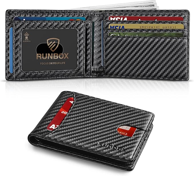 A black carbon fiber Slim Wallet for Men is shown open and closed. The open view displays various cards in card slots and a transparent ID window, while the closed wallet has a sleek, textured finish with a red card partially visible.