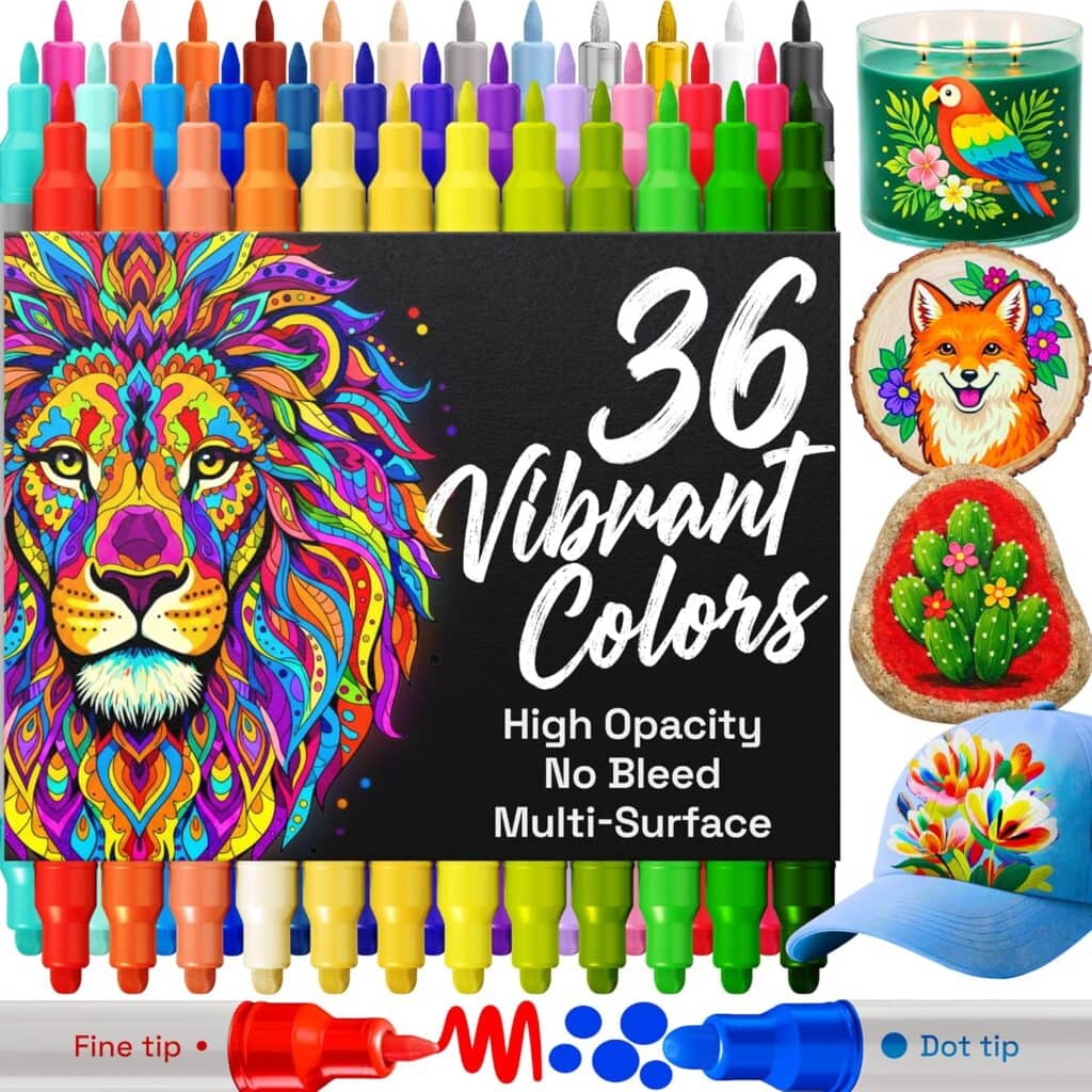 A set of 36 vibrant color markers is shown with colorful artwork, including a lion, a fox on a rock, a cactus on a rock, a decorated hat, and a candle. Text highlights features: "36 Vibrant Colors, High Opacity, No Bleed, Multi-Surface.