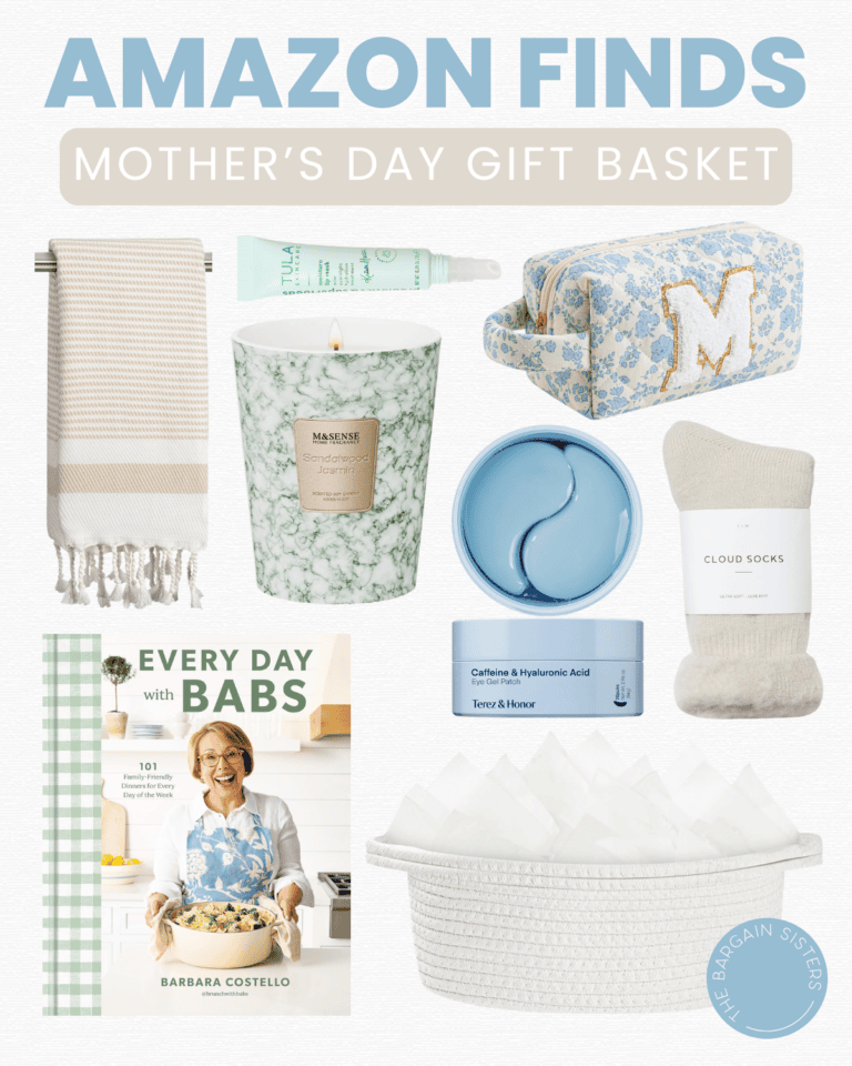 A collage of Mother's Day gift basket ideas from Amazon, featuring a towel, green candle, floral makeup bag, book, blue face cream, cozy socks, and a white woven basket—perfect for the ultimate Mother’s Day gift.