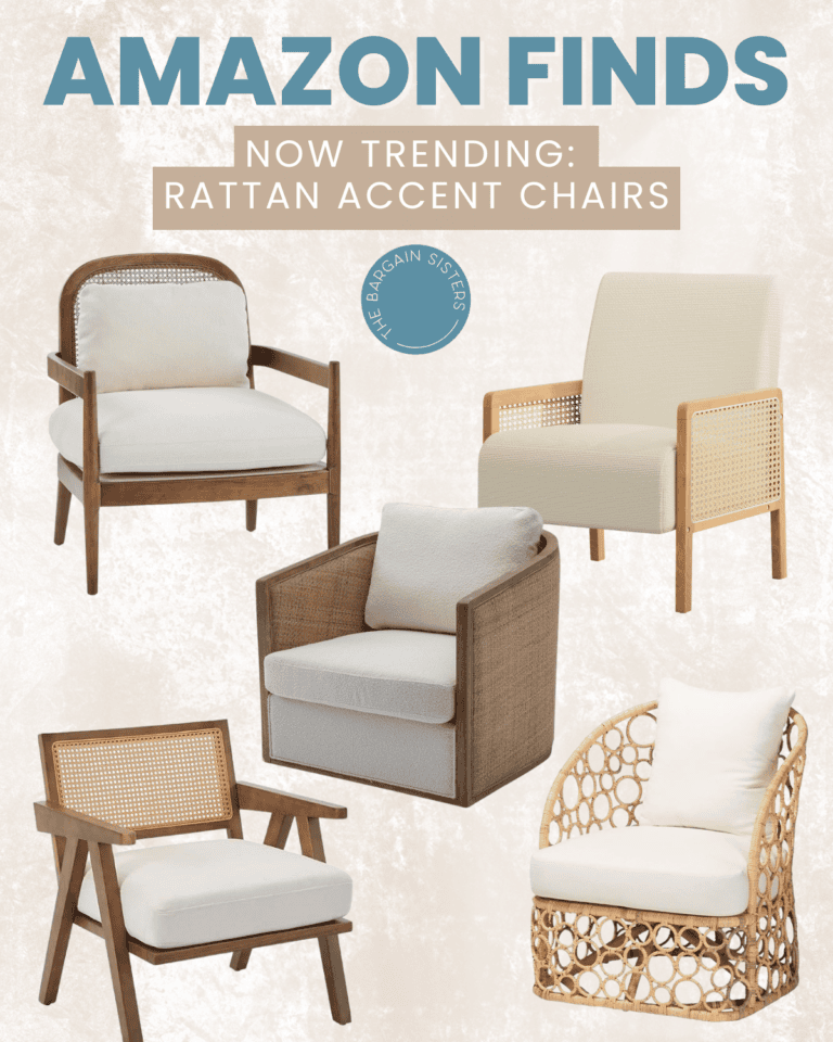 Collage of five stylish chairs with cushions in various designs and wood tones, displayed under the text "Amazon Finds – Now Trending: Rattan Accent Chairs.