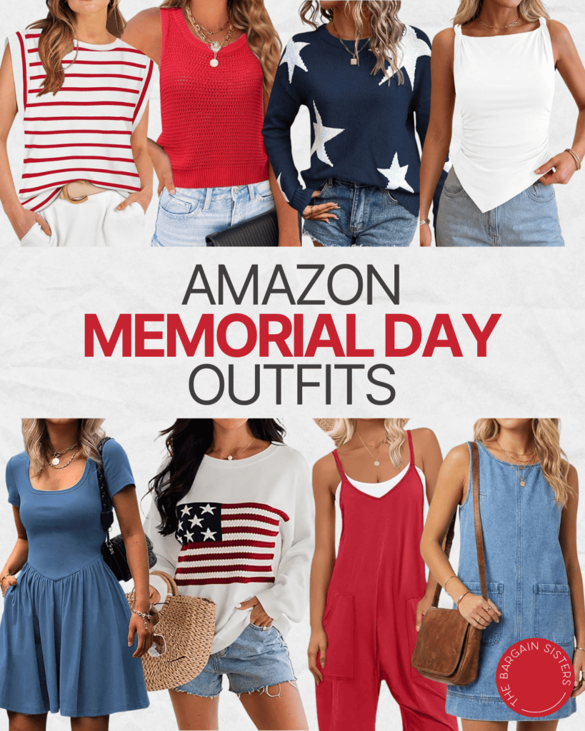 A collage of women’s Memorial Day outfits, featuring red, white, and blue tops, a dress, star and flag sweaters, a red jumpsuit, and a denim dress—perfect Memorial Day fashion for moms. Text: “Amazon Memorial Day Outfits.”.