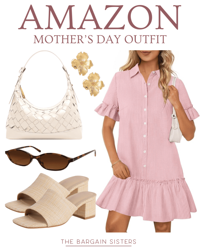 A woman models a pink and white striped ruffle shirt dress, holding a white woven purse—perfect for a chic mothers day outfit. Accessories include gold floral earrings, brown sunglasses, and beige heeled sandals. Text reads: "Amazon Mother's Day Outfit.