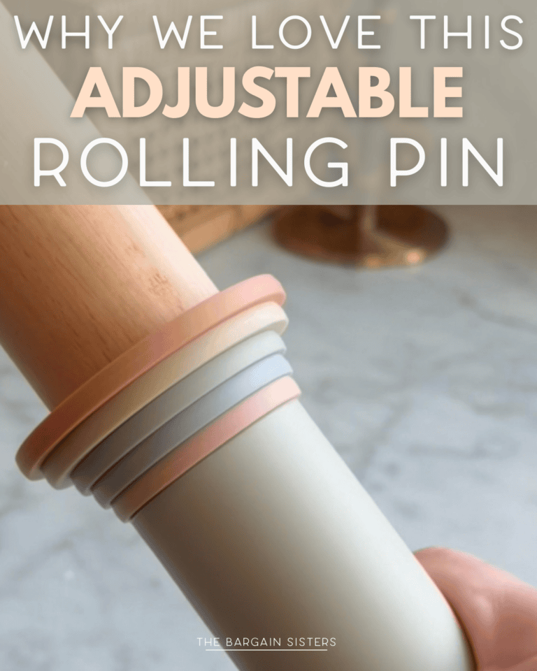 Close-up of an adjustable rolling pin for baking with pastel-colored removable rings, held by a hand. Text above reads, "Why we love this adjustable rolling pin.