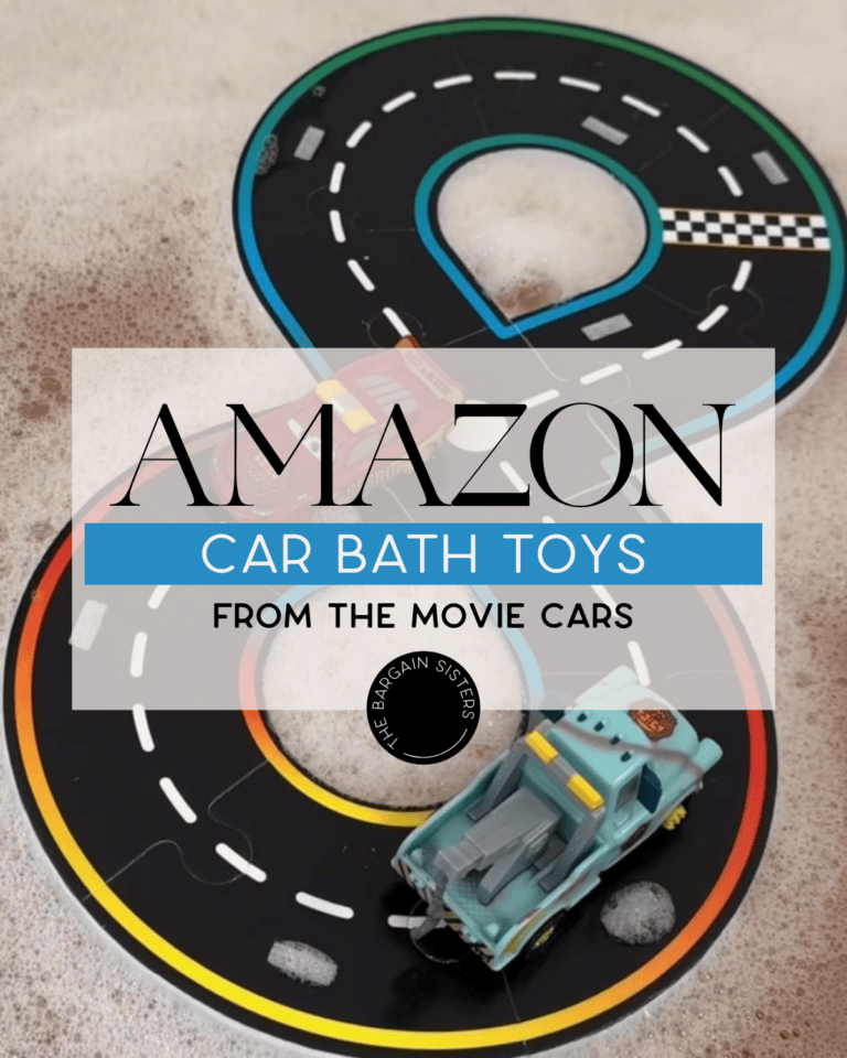 Two toy race cars from the movie "Cars" on a black, figure-eight racetrack floating in a bubbly bath. Text overlay reads, "Amazon Car Bath Toys from the movie Cars.