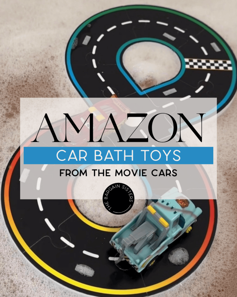 Two toy race cars from the movie "Cars" on a black, figure-eight racetrack floating in a bubbly bath. Text overlay reads, "Amazon Car Bath Toys from the movie Cars.