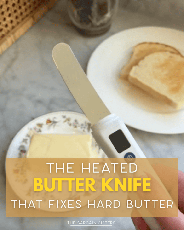 A hand holds a heated butter knife above a plate with a stick of butter. In the background, there is a plate with two slices of toast. Text overlay reads: "The Heated Butter Knife That Fixes Hard Butter.