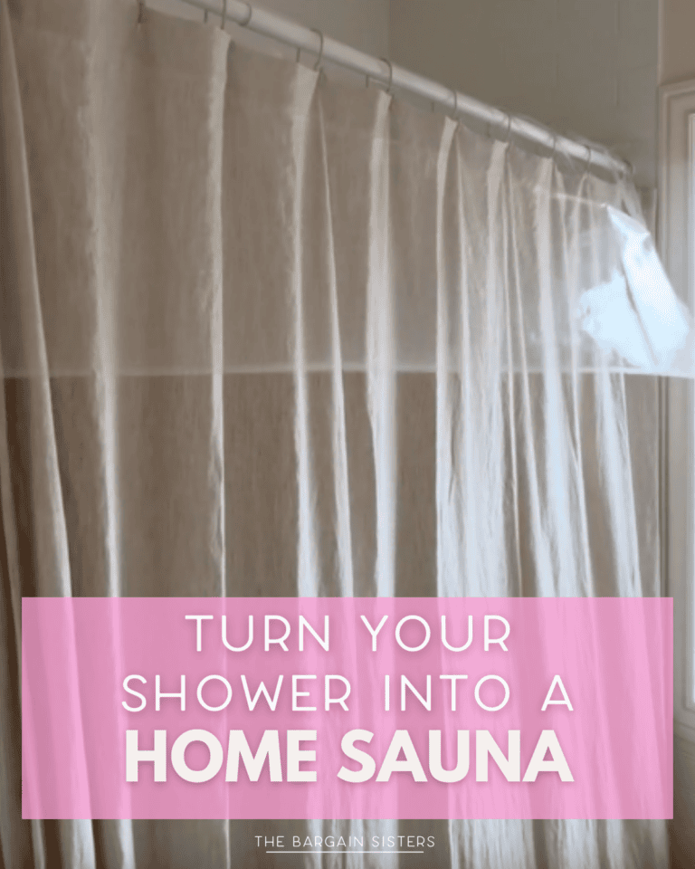 A shower with a translucent curtain is shown. Over a pink banner at the bottom, white text reads: "Turn your shower into a sauna shower for the perfect home retreat.