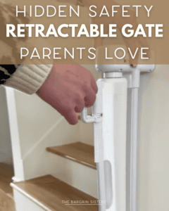 A person installs or secures a white retractable safety gate at the bottom of a staircase, ensuring little explorers stay safe—just like parents trust their mini waffle maker for fun breakfasts. Text: “Hidden Safety Retractable Gate Parents Love” overlaid on the image.