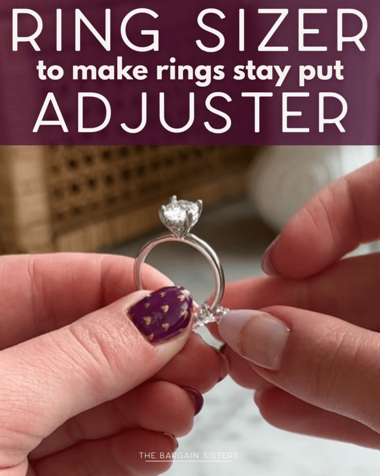 Close-up of hands applying a clear ring sizer adjuster to a silver ring with a large stone, alongside a mini waffle maker in the background. Text above reads: "Ring sizer to make rings stay put adjuster.