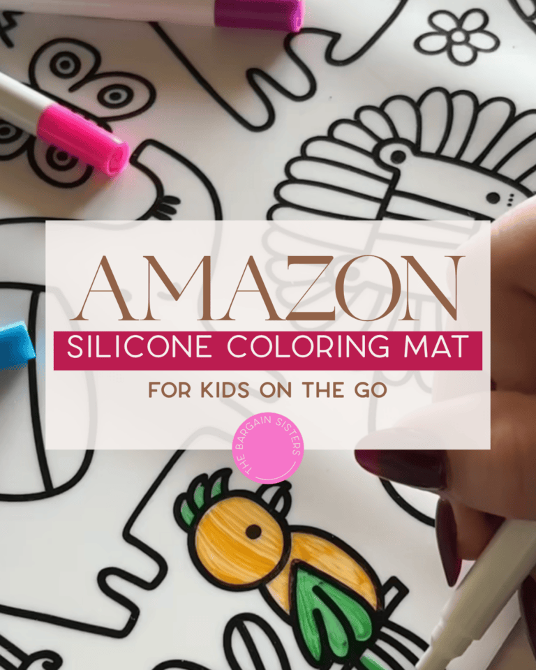 A child's hand colors a silicone mat with animal illustrations using markers. Text overlay reads: "Amazon Silicone Coloring Mat for Kids on the Go.