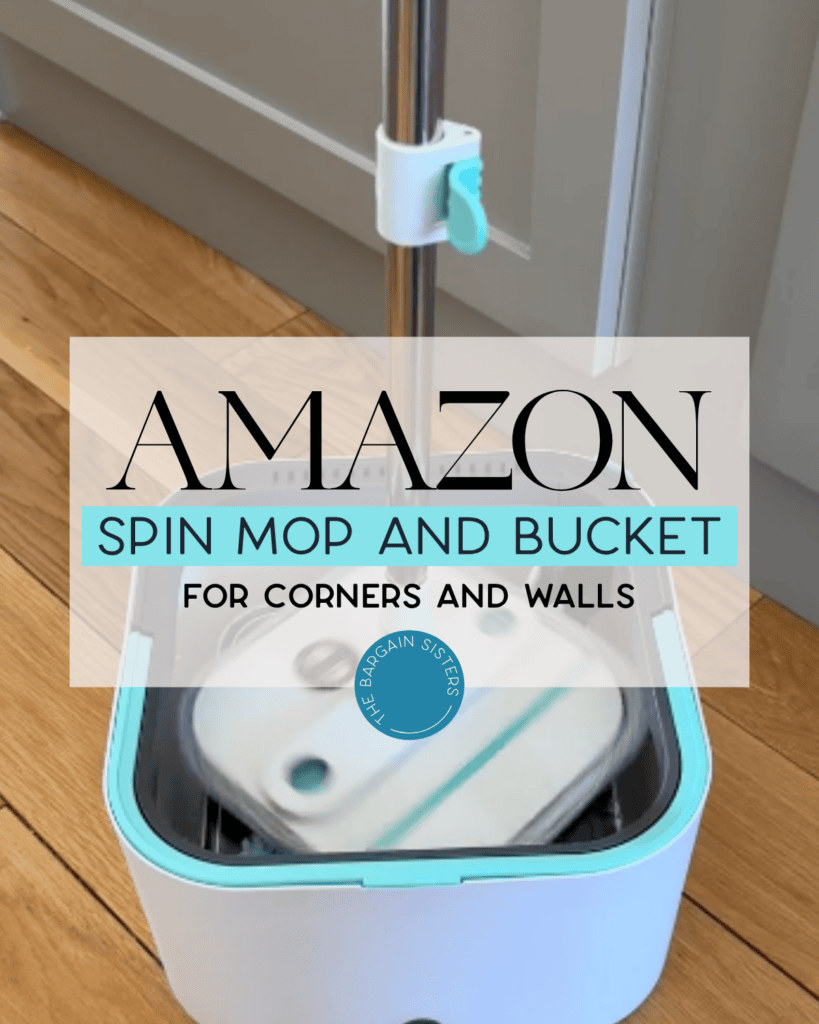 A white and blue spin mop and bucket set sits on a wooden floor, with text overlay reading "Amazon Spin Mop and Bucket for Corners and Walls.