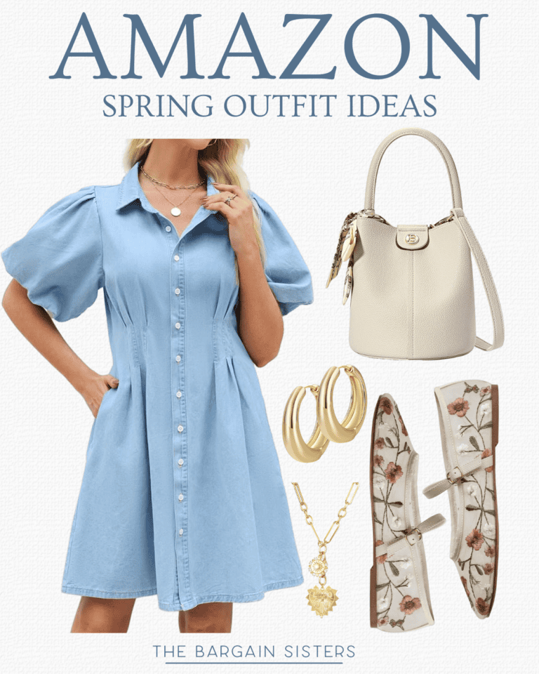 Flat lay featuring spring outfit ideas: a light blue button-up puff-sleeve dress, white bucket handbag, floral flats, gold hoop earrings, and a gold necklace. Text reads “AMAZON SPRING OUTFIT IDEAS.”.