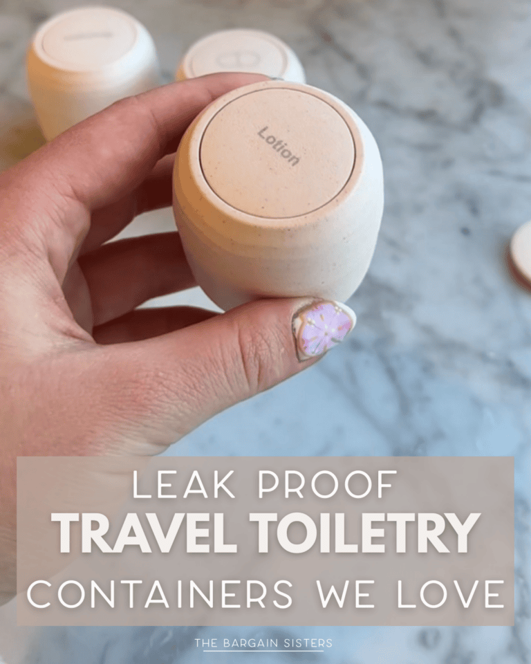 A hand holds a small, round container labeled "Lotion" with other travel toiletry containers in the background. Text overlay reads: "Leak proof travel toiletry containers we love.