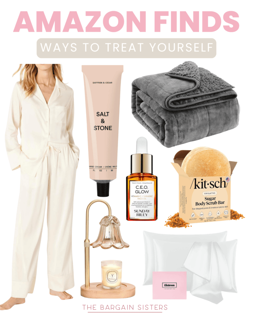 A collage titled “Amazon Finds: Ways to Treat Yourself” showcasing pajamas, a tube of hand cream, a gray plush blanket, perfume, a sugar body scrub bar, satin pillowcases, a lit lamp, and a candle for the ultimate self care.