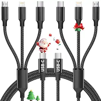 A set of black braided USB charging cables with different connectors, including USB-C, micro USB, and Lightning, decorated with small festive Christmas graphics like Santa, gifts, a tree, and a bow.