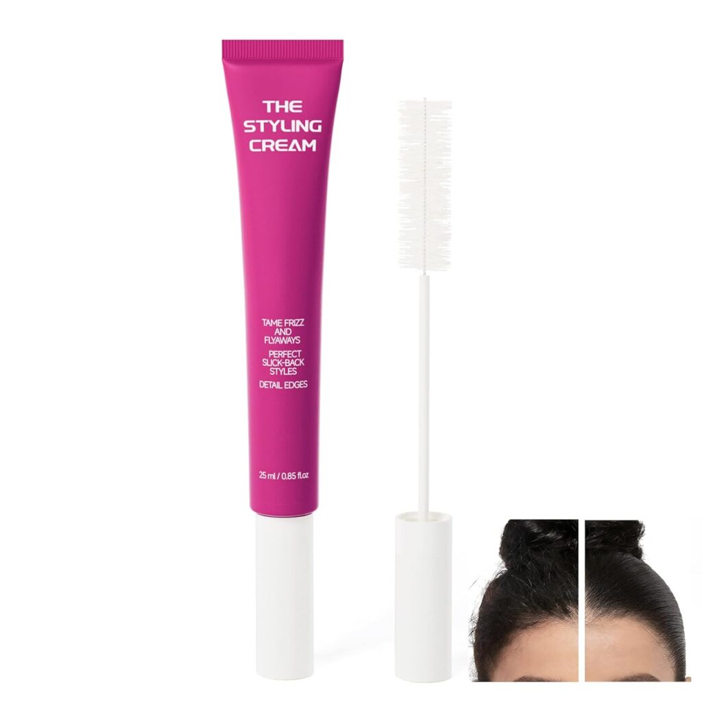 A pink tube labeled "The Styling Cream" with a white wand applicator, shown next to a close-up of a woman's dark hair styled in a bun.