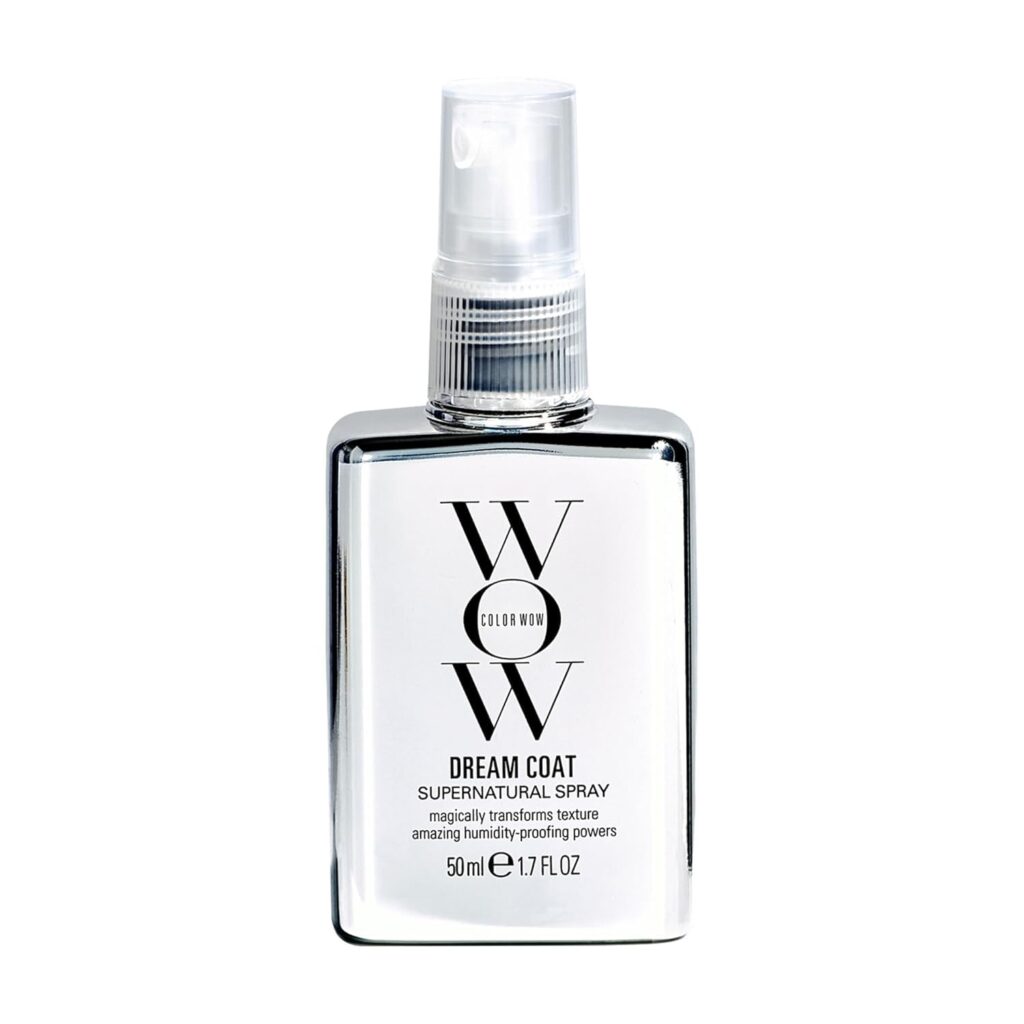 A 50 ml silver bottle of Color Wow Dream Coat Supernatural Spray with a clear plastic cap, featuring black text on the front describing its anti-humidity and texture-transforming properties—perfect to snag during Friday Deals.