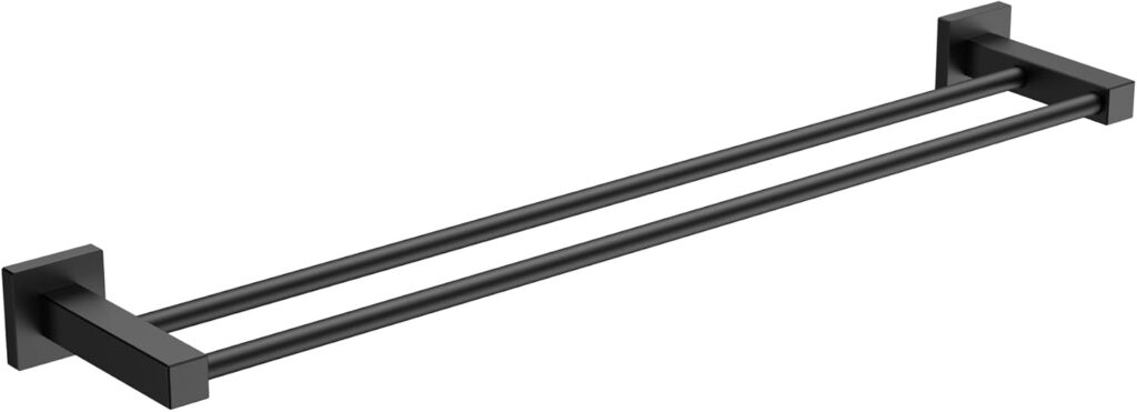 A black double towel bar with a modern, minimalist design, featuring two parallel rods and rectangular wall mounts—perfect for upgrading your bathroom during Friday Deals.
