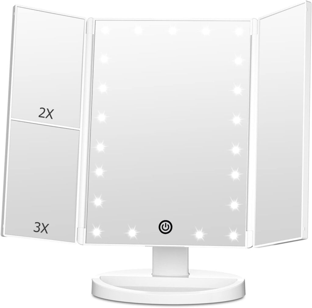 A white, tri-fold LED makeup mirror with 21 lights around the central mirror, a touch-sensitive power button, and two magnification panels labeled 2X and 3X on the left side—perfect for your Friday Deals upgrade.