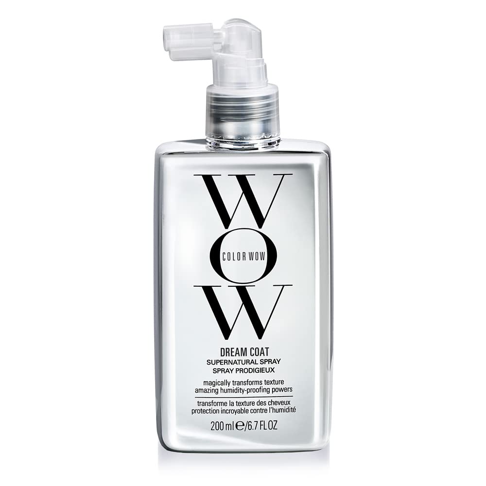 Clear plastic spray bottle labeled "Color Wow Dream Coat Supernatural Spray," 200ml size, with black text and a nozzle cap, designed for humidity-proofing hair.