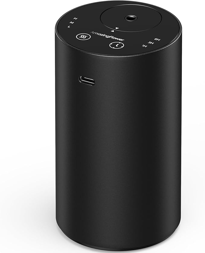 A black cylindrical electronic device with a USB-C port and touch-sensitive buttons on top, including power and mode icons, possibly an air purifier or humidifier, displayed on a white background—perfect for grabbing during Wednesday Deals.