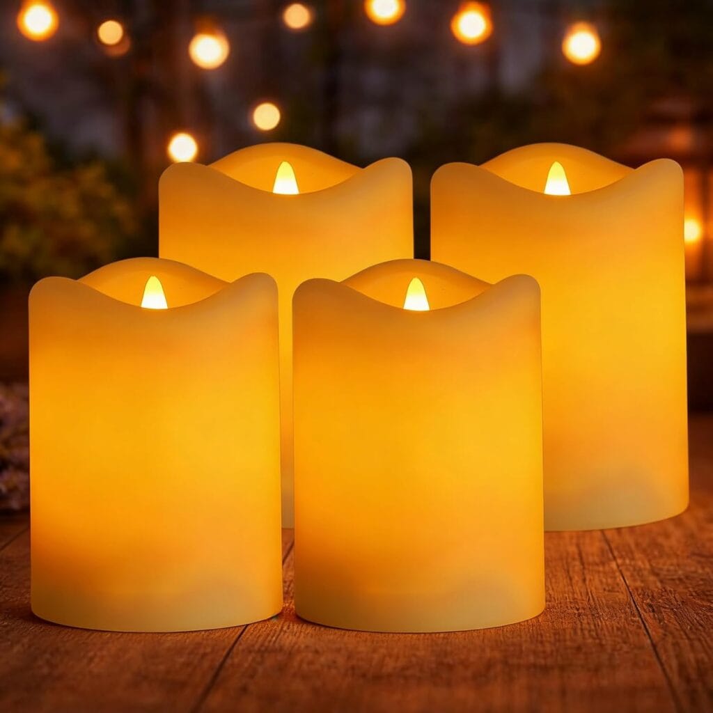 Four flameless LED candles emit a warm, soft yellow glow on a wooden surface, with blurred string lights and a cozy nighttime ambiance in the background.