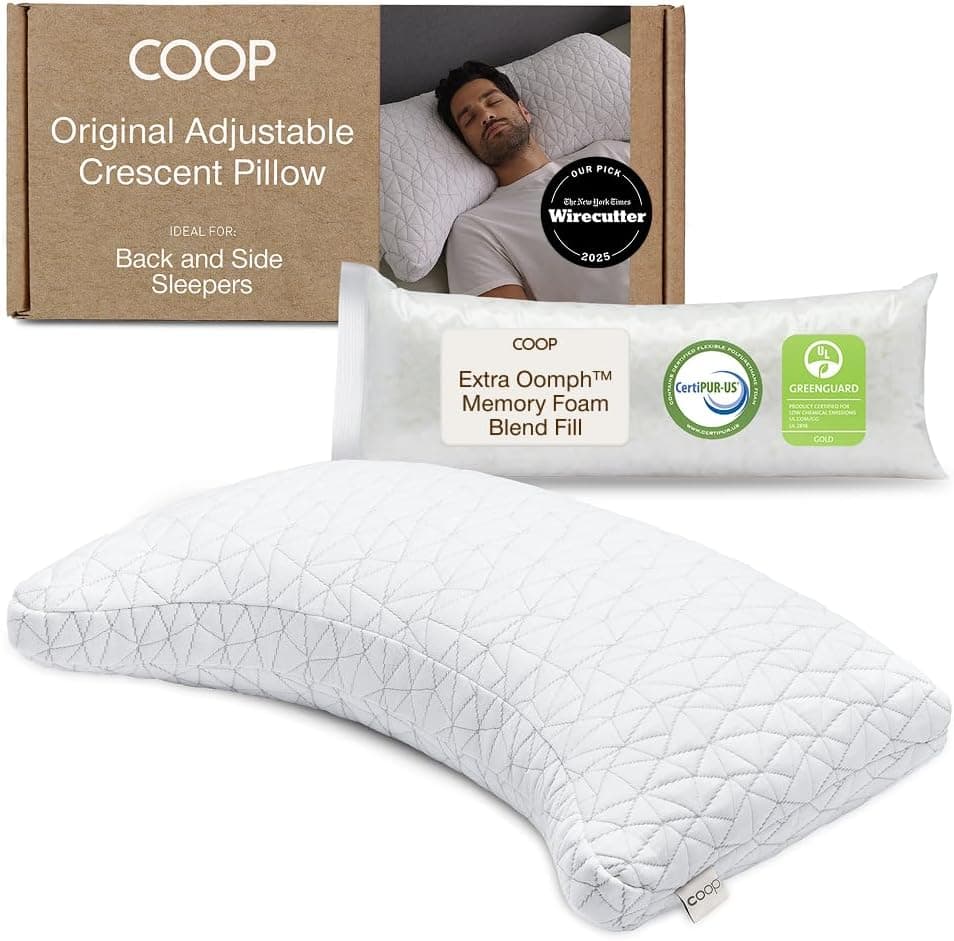 COOP Original Adjustable Crescent Pillow for back and side sleepers, featured with packaging, a bag of Extra Oomph memory foam blend fill, and the crescent-shaped quilted pillow—perfect for snagging in this week's Wednesday Deals.
