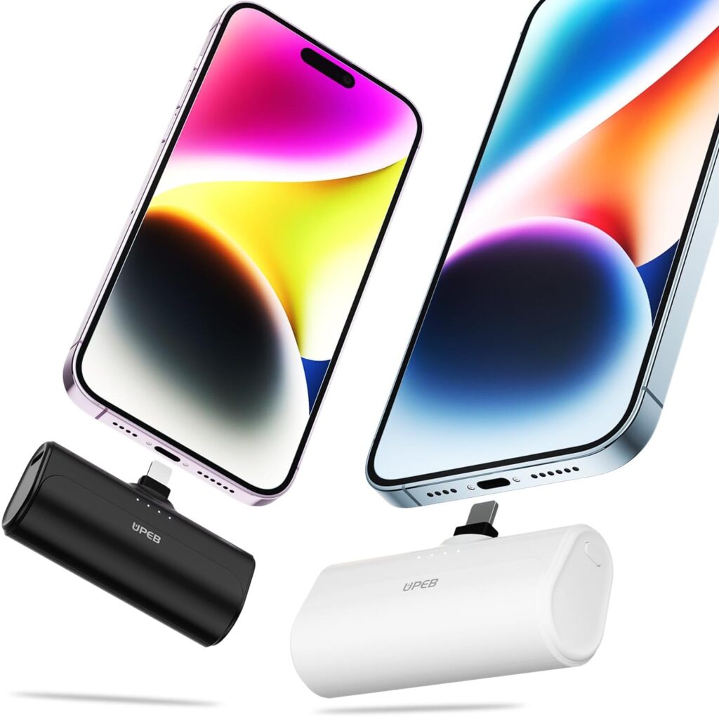 Two smartphones are shown floating, each connected to a portable charger; one charger is black and the other is white. The phones display colorful screens and have the chargers attached via the charging port.