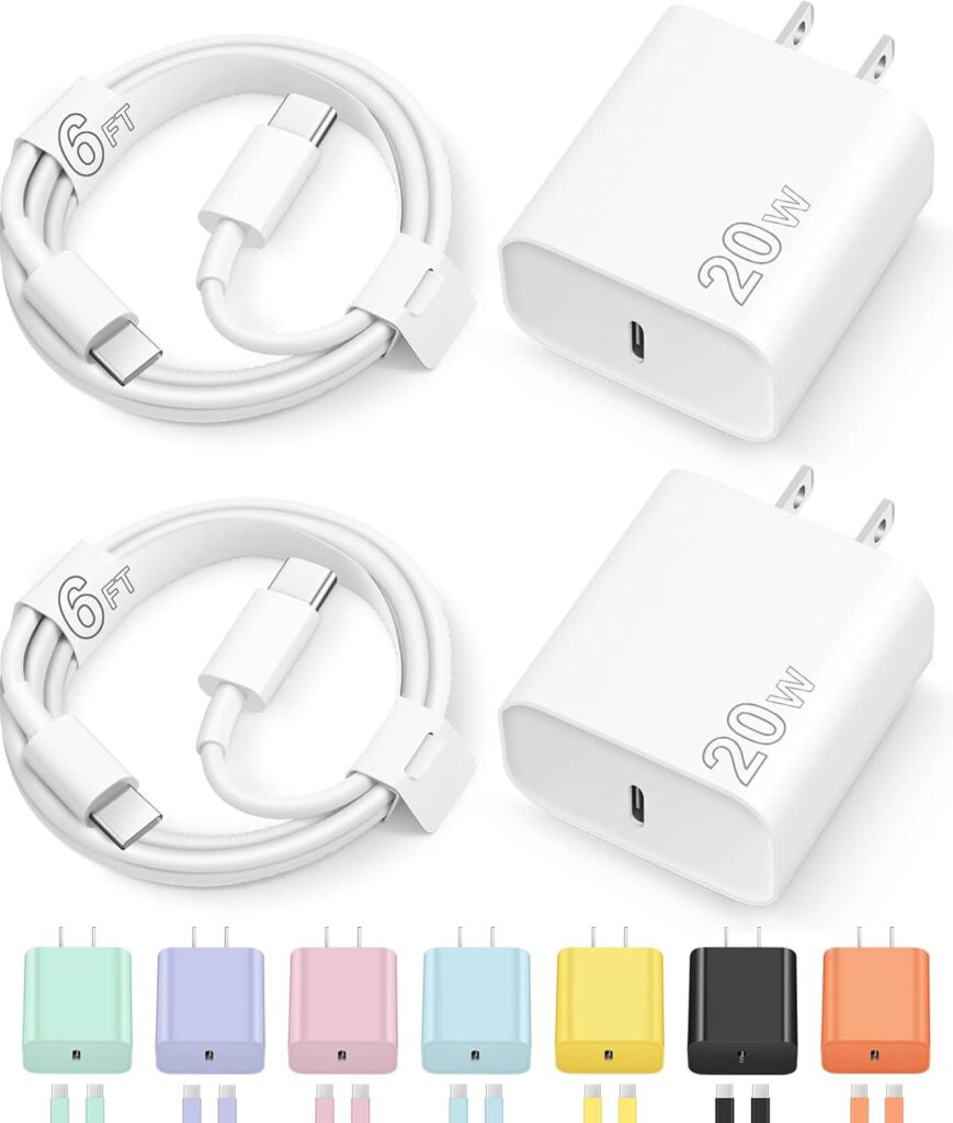 Two white USB-C wall chargers labeled "20W" with matching 6-foot USB-C to USB-C cables. Below, seven wall chargers are shown in various colors: pink, green, blue, purple, yellow, orange, and black.
