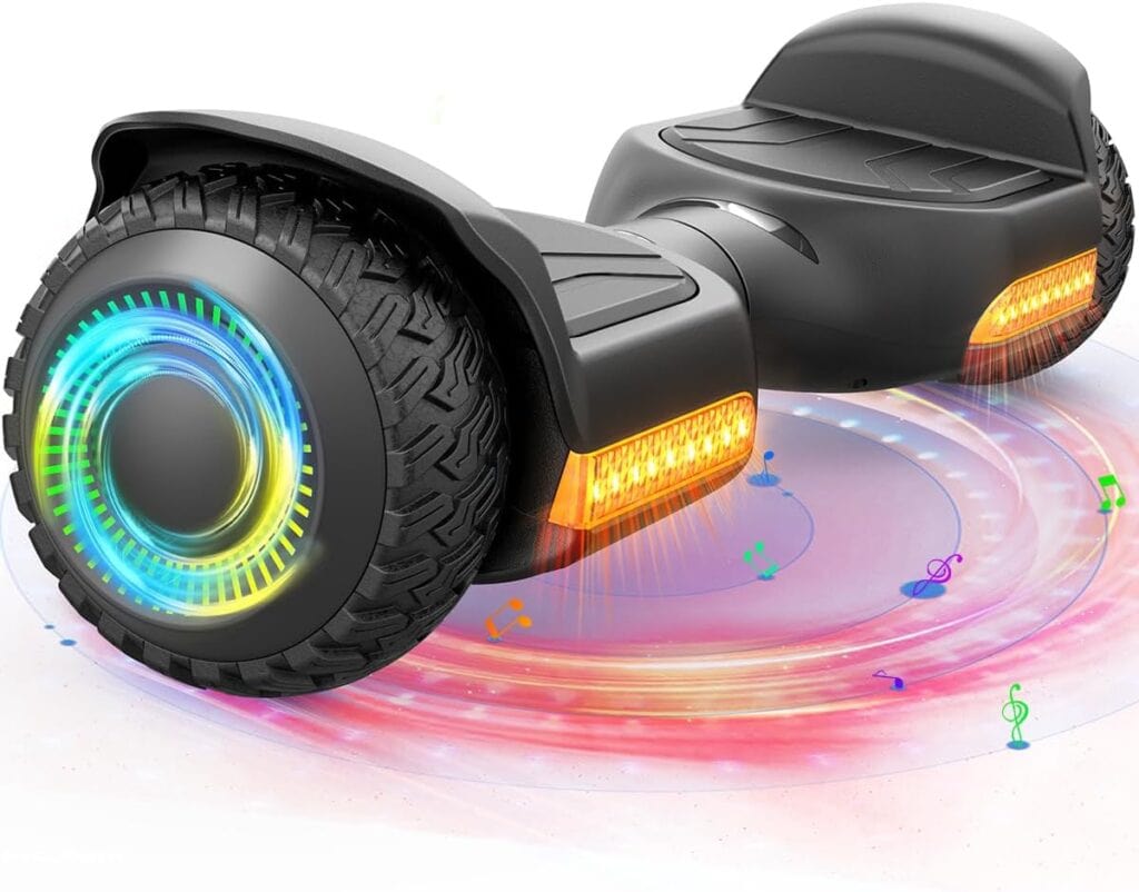 A black hoverboard with large tires, colorful LED lights on the wheels, and orange lights on the sides, sits on a swirling rainbow pattern with floating music notes around it.