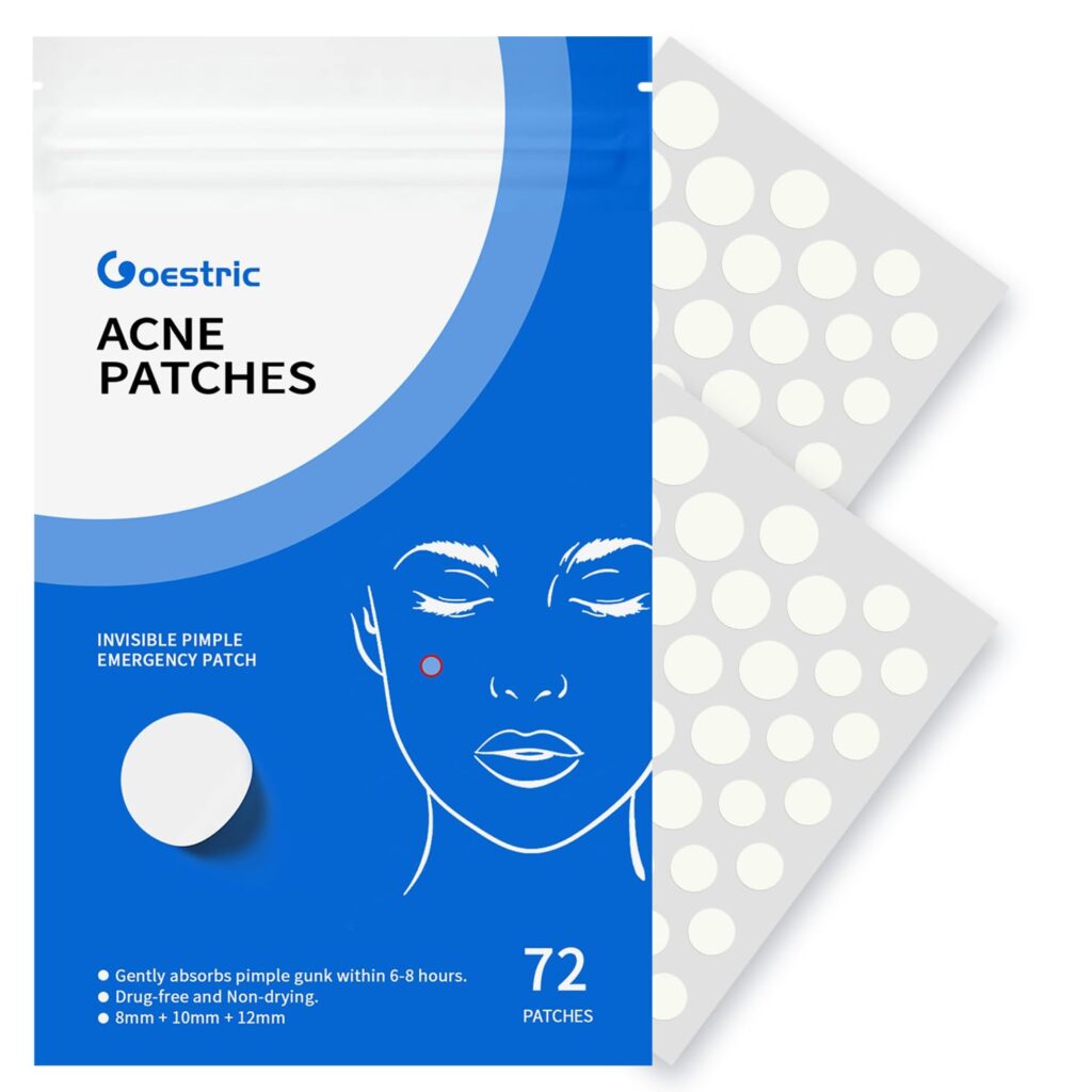 A blue and white package labeled "Coestric Acne Patches" with an illustrated face showing a patch on the cheek. Two sheets of round, clear patches are partially visible behind the package. The pack contains 72 patches.