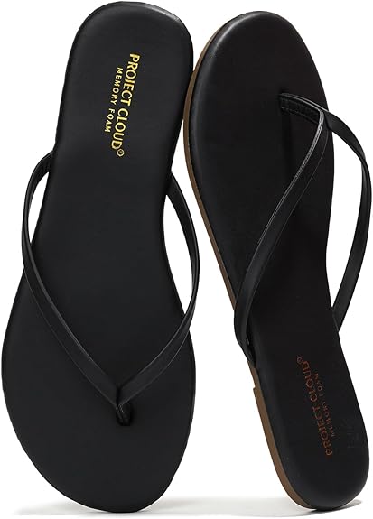 A pair of black flip-flop sandals with thin straps and cushioned memory foam insoles, featuring the brand name "Project Cloud" printed in yellow on the footbeds.