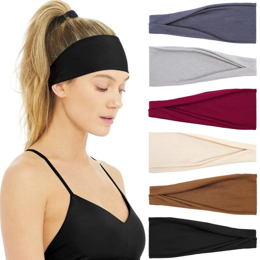 A woman with blonde hair in a ponytail wears a wide black headband. Next to her are five additional headbands in gray, light gray, burgundy, beige, and brown—Thursday Deals offer stylish choices for every look.