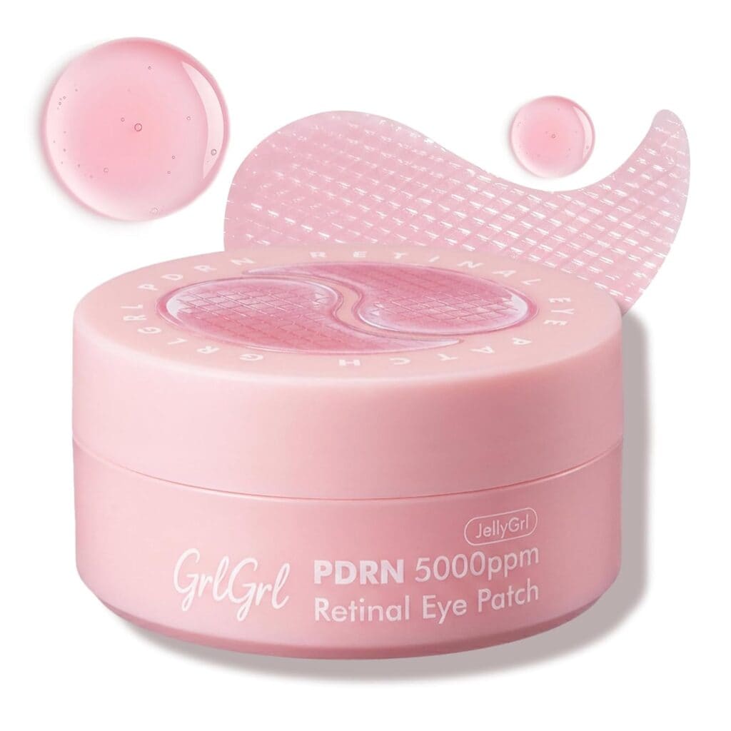 A pink container labeled “GrlGrl PDRN 5000ppm Retinal Eye Patch” with a clear eye patch, gel texture, and drops of the product displayed above and beside the jar on a white background.