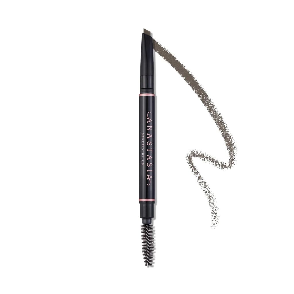 A black eyebrow pencil with "Anastasia Beverly Hills" written on it, featuring a spoolie brush on one end and a slanted pencil tip on the other, plus a brown eyebrow line—perfect for your look and even better with Thursday Deals.