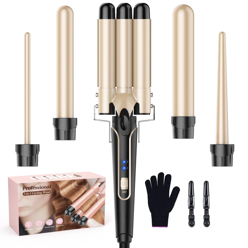 A hair curling wand set with five interchangeable gold barrels, a black and gold handle, a black heat-resistant glove, two black hair clips, and a product box labeled "Professional 5 in 1 Curling Wand.