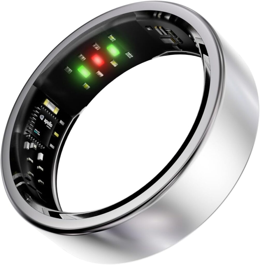 A silver smart ring with embedded sensors and LEDs on its inner band, displaying green and red indicator lights, designed for health or activity tracking.
