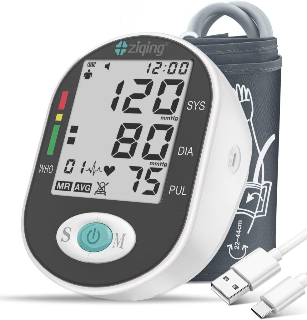 A Blood Pressure Monitor with a gray arm cuff, large LCD display (120 SYS, 80 DIA, 75 PUL), control buttons, and USB charging cable. The brand "ziqing" appears at the top. Now available at 50% off.