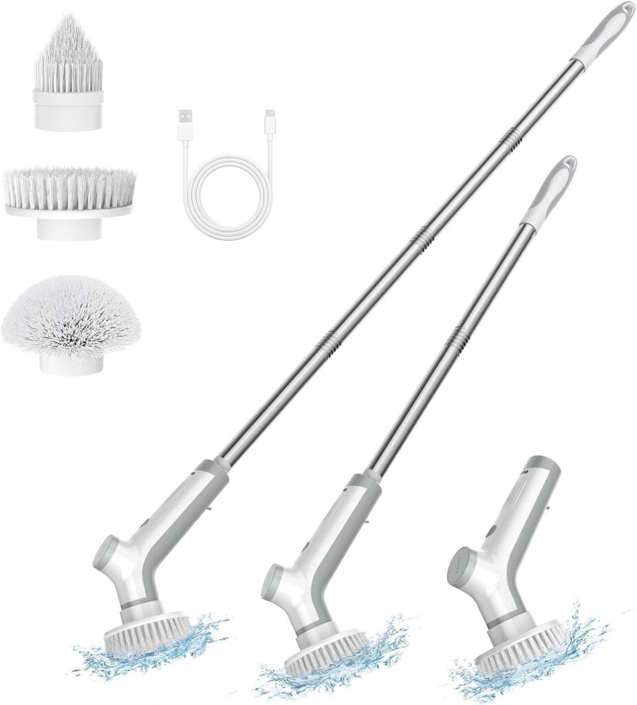 Electric cleaning brush kit with two handles, three interchangeable brush heads, and a USB charging cable. The brushes are shown with splashes of water, emphasizing their cleaning capabilities.