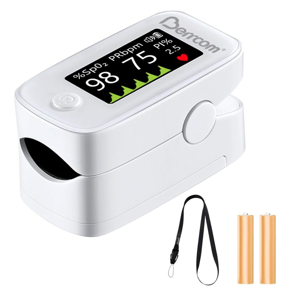 A white fingertip pulse oximeter displays oxygen saturation and pulse rate, accompanied by a black lanyard and two AA batteries—perfect for grabbing during Friday Deals.