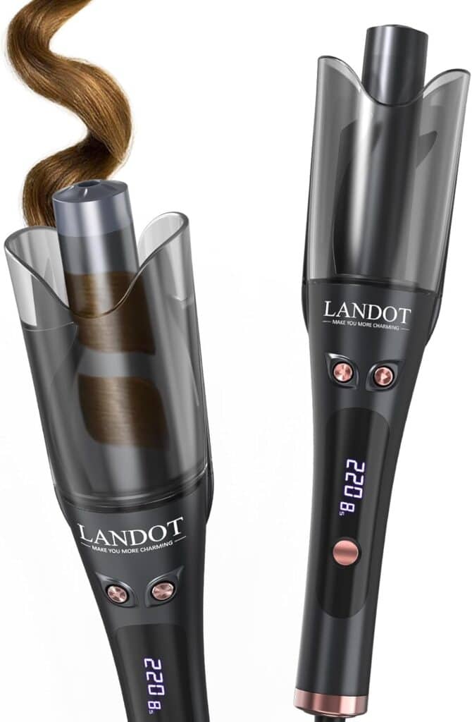 A black Landot automatic hair curler is shown, curling a strand of brown hair. The device features a digital display showing 220.8 and two rose gold buttons on the handle.