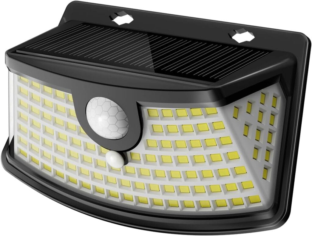 A black motion sensor outdoor LED wall light with a curved front, solar panel on top, and multiple yellow LED lights arranged in rows.
