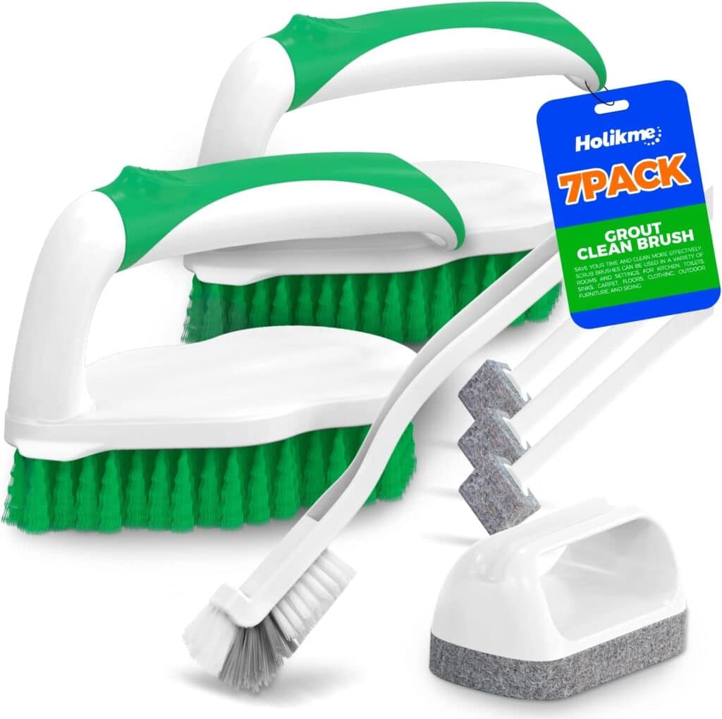 Assorted grout cleaning brushes, including two green and white handled brushes, a slim grout brush, and a white scrubber with gray pad. A blue label reads "Holikme 7 Pack Grout Clean Brush." Great choice for Thursday Deals!.