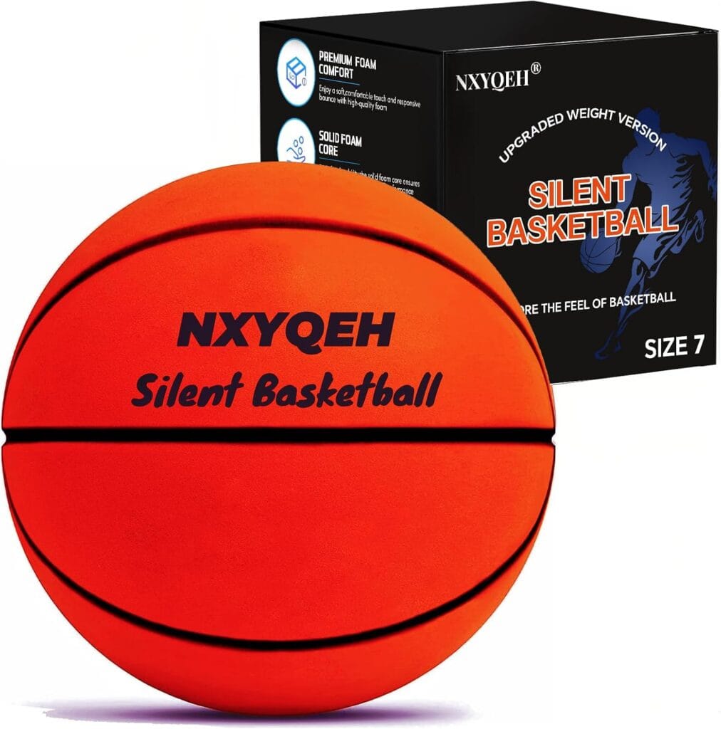 An orange NXYQEH Silent Basketball (Size 7) is shown in front of its black packaging box, which highlights features like premium foam comfort and solid foam core.