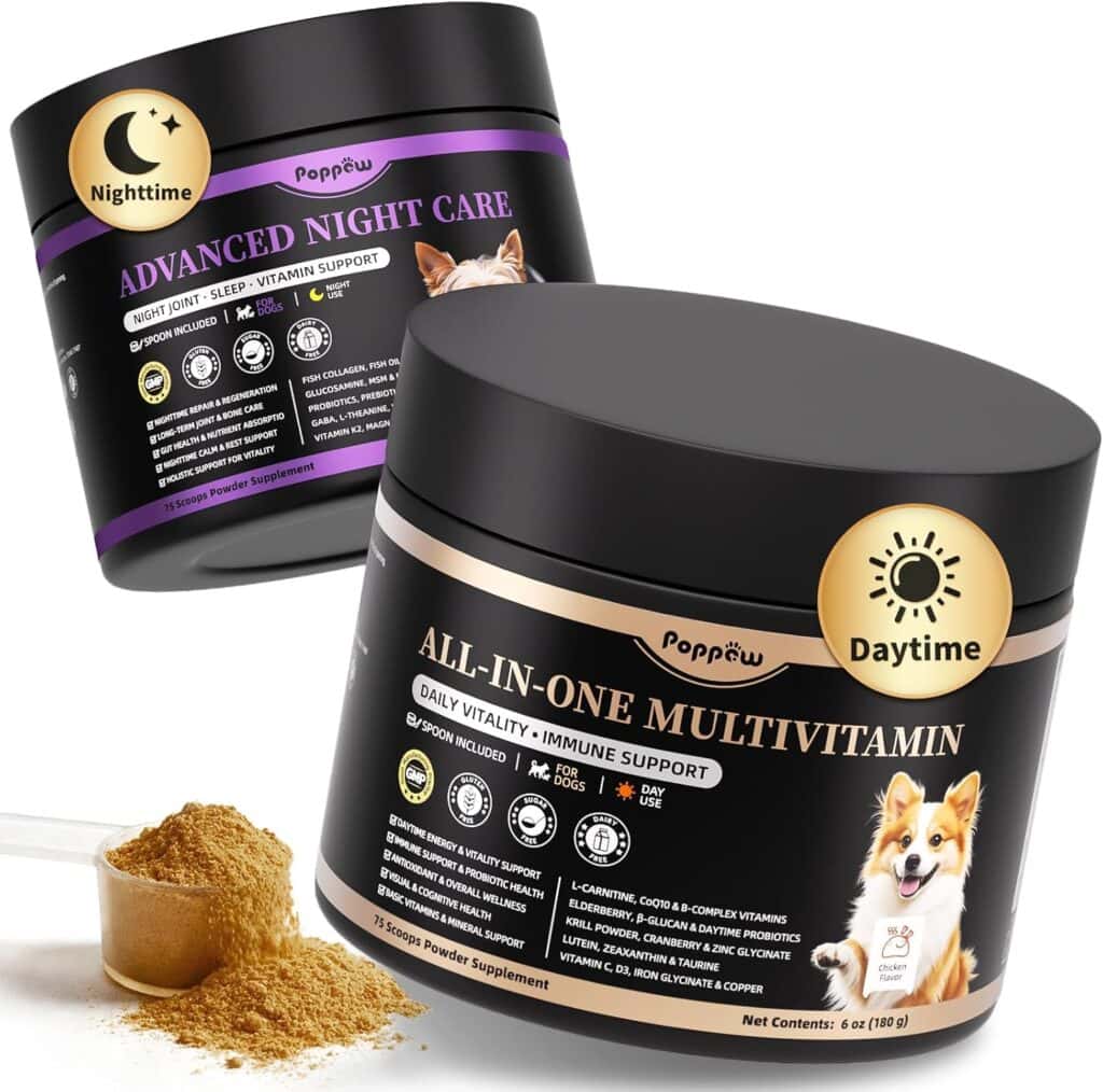 Two black tubs of Poppet dog supplements, one labeled “Advanced Night Care” for nighttime and one “All-In-One Multivitamin” for daytime, with a scoop of brown powder beside them and an illustrated dog on each label.