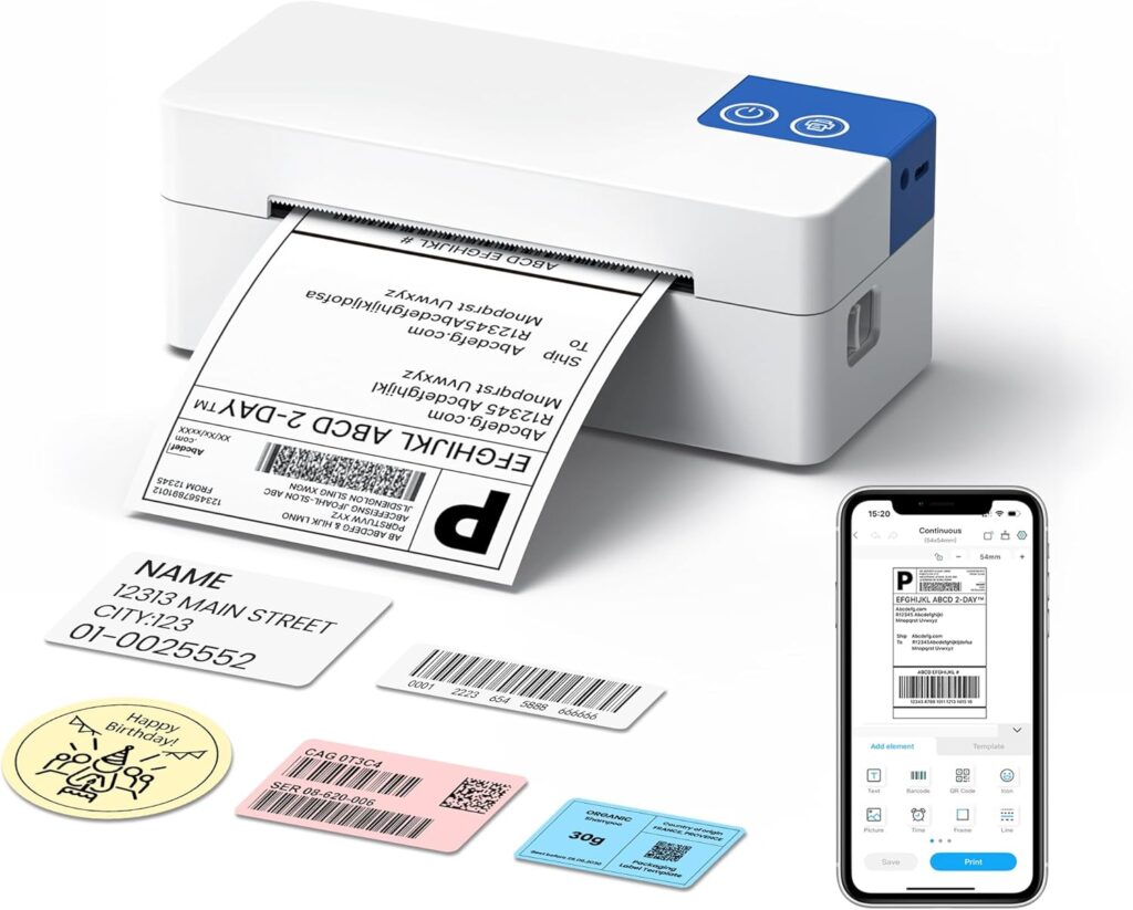 A compact Bluetooth Thermal Shipping Label Printer prints a shipping label. Around it are various labels, including barcodes, address, cartoon, and name labels. A smartphone nearby displays a label creation app screen.