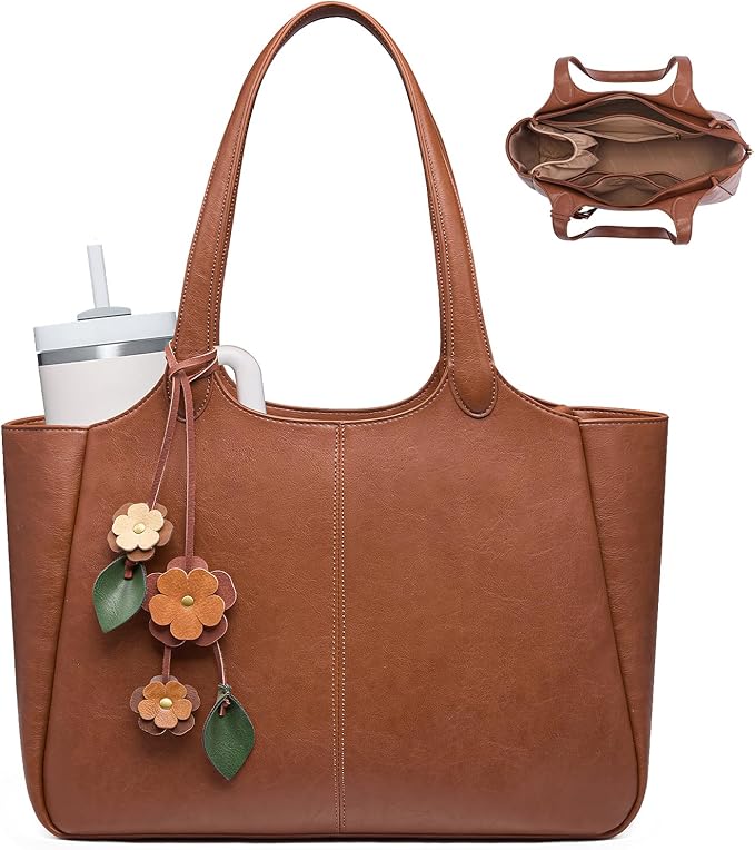Brown leather tote bag with long handles, floral charm decorations, and side pockets—perfect for Friday Deals. A beverage tumbler fits easily in one pocket. Inset image reveals a spacious interior with dividers and compartments.