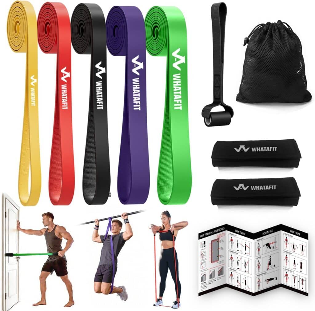 A set of five color-coded resistance bands, handles, anchor strap, mesh bag, exercise guide, and images of three people demonstrating different exercises using the bands.