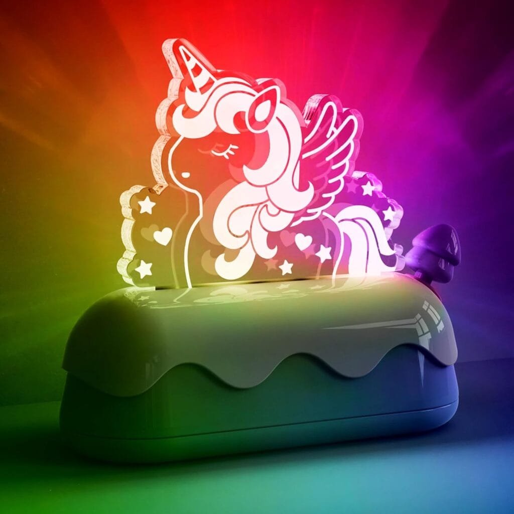 A glowing unicorn night light with wings and hearts emits a colorful rainbow glow, sitting on a rounded, glossy base—perfect to brighten any room during Thursday Deals.